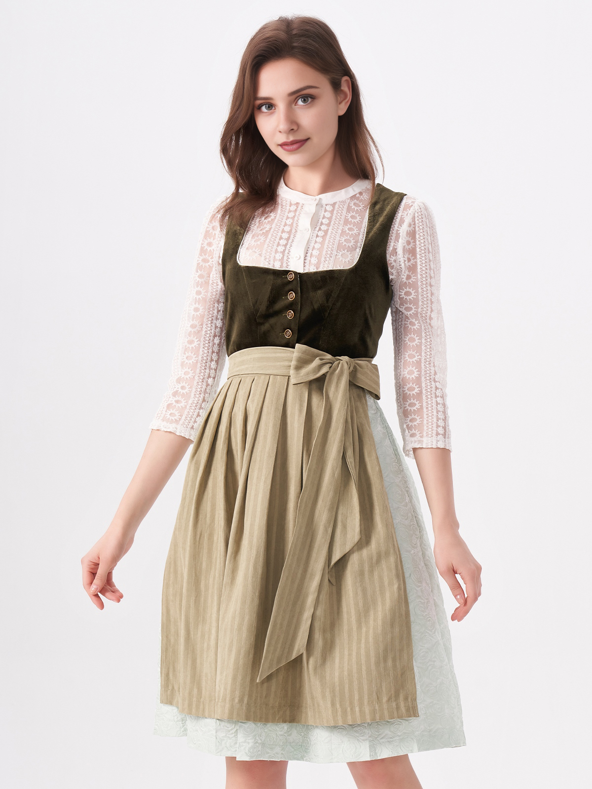 Ein grünes Amuse Dirndl mit floralen Details